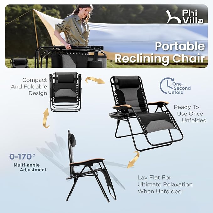 PHI VILLA XXL Oversized Padded Zero Gravity Chair, Foldable Patio Recliner - Image 9