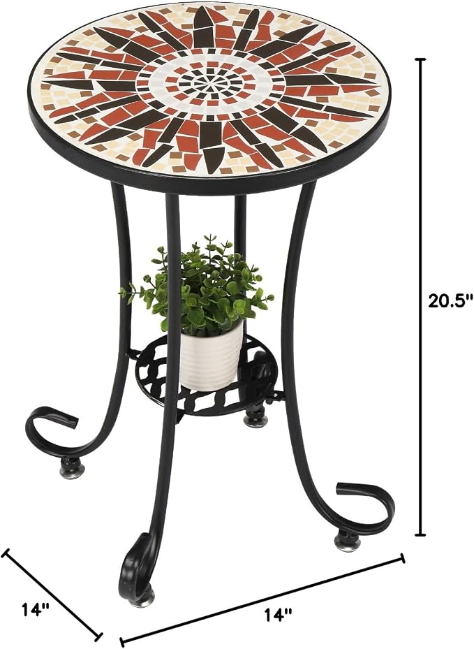 VINGLI Mosaic Outdoor Side Table, Accent Table, Ceramic Tile Top Black Iron - Image 3