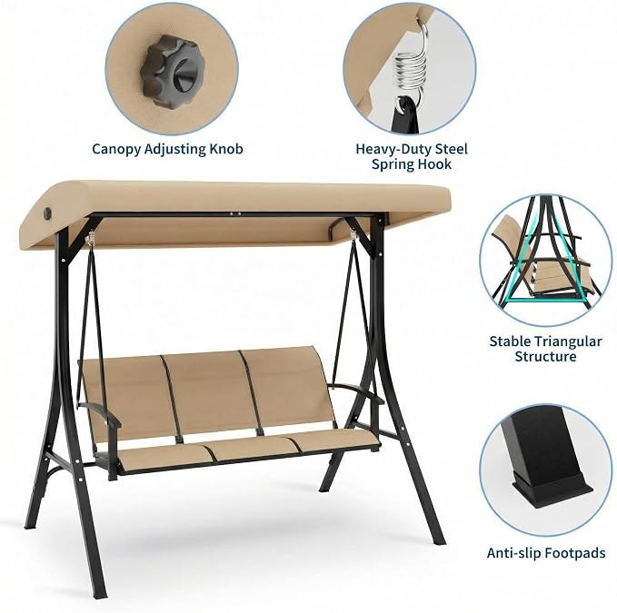 3-Seat Patio Swing Chair, Outdoor Porch Hanging Chairs - Image 3
