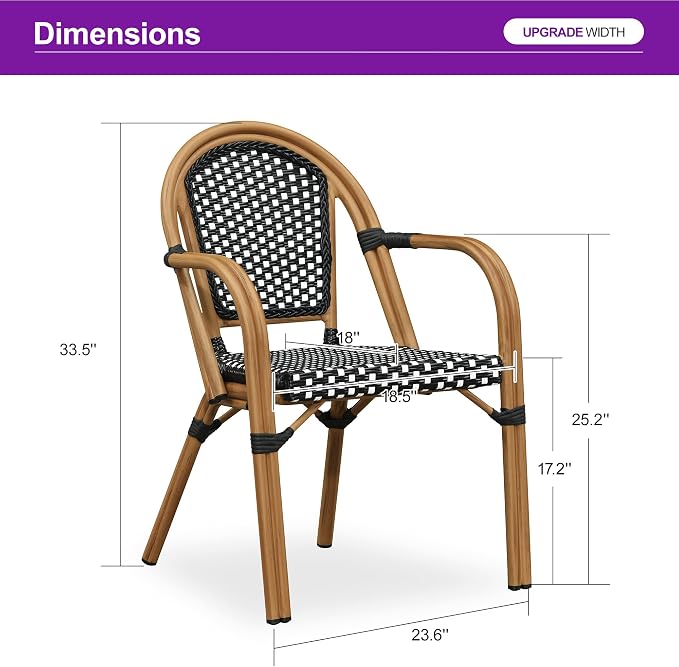 PURPLE LEAF French Bistro Chairs Set of 2 Aluminum Wicker Rattan Hand-Woven - Image 3