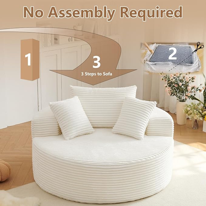 Oversized Round Chair Lounge Chaise Indoor, Upholstered Corduroy Deep Seat - Image 3