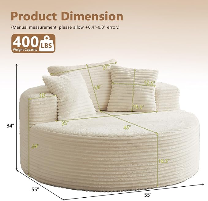 Oversized Round Chair Lounge Chaise Indoor, Upholstered Corduroy Deep Seat - Image 2