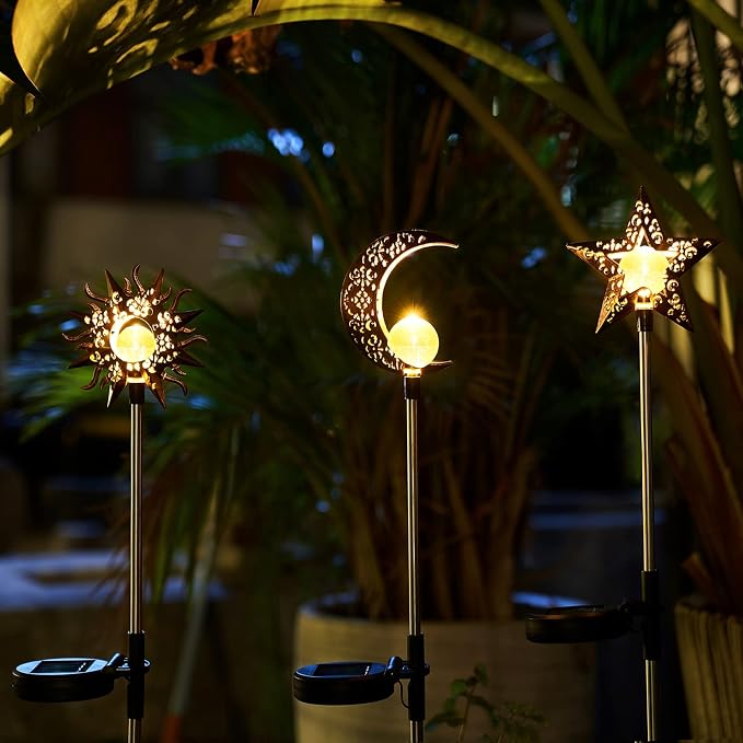 Solar Garden Stake Lights, Moon Sun Star Yard Decorations Outdoor 3 Pack Solar - Image 5