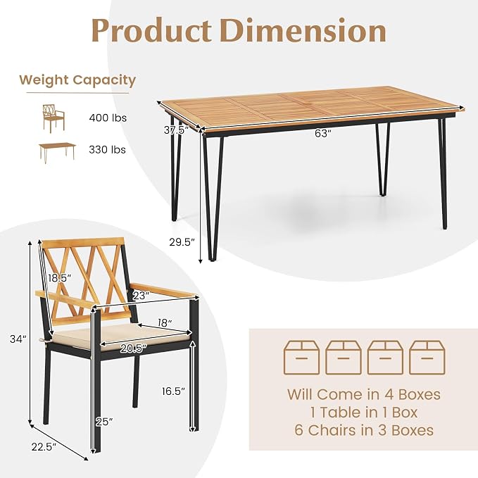 Tangkula 7-Piece Patio Dining Set, Acacia Wood Outdoor Furniture Set - Image 4