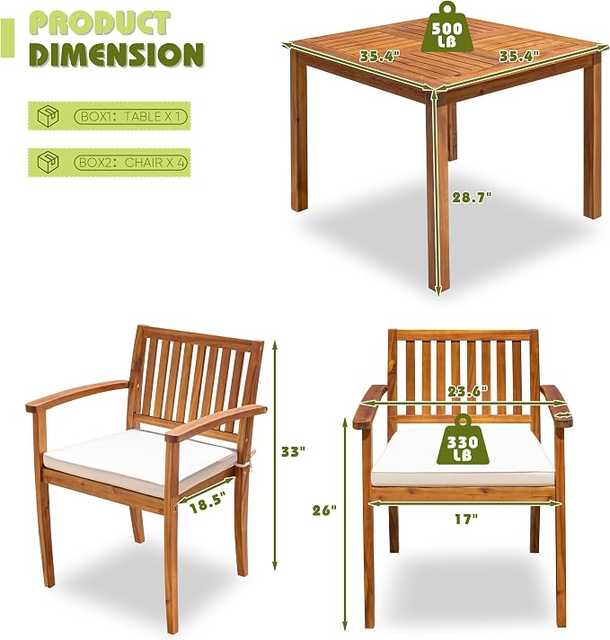 Flamaker 5 Piece Outdoor Dining Set Acacia Wood Patio Table and Chairs - Image 5