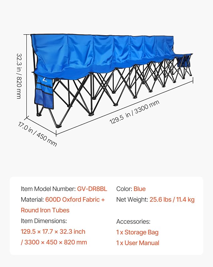 VEVOR Portable Folding Bench, 8 Seat Foldable Soccer Bench - Image 3