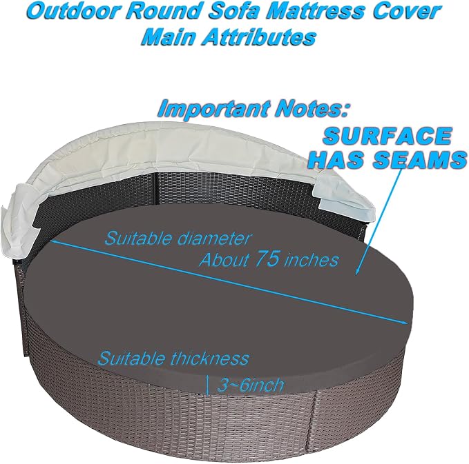 Round Outdoor Daybed Cushion Cover Replacement, Anti-UV Water-Resistant Patio - Image 2