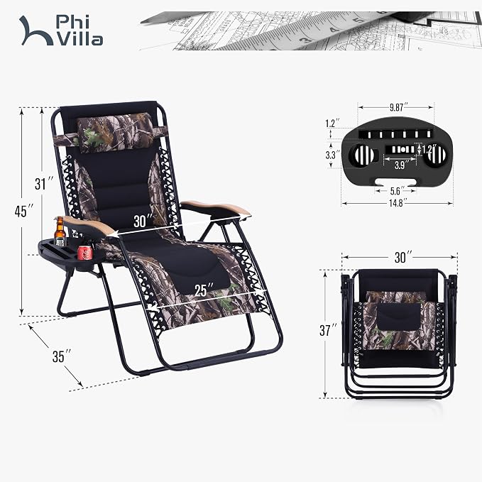 PHI VILLA XXL Oversized Padded Zero Gravity Chair Set of 2, Foldable Patio - Image 3