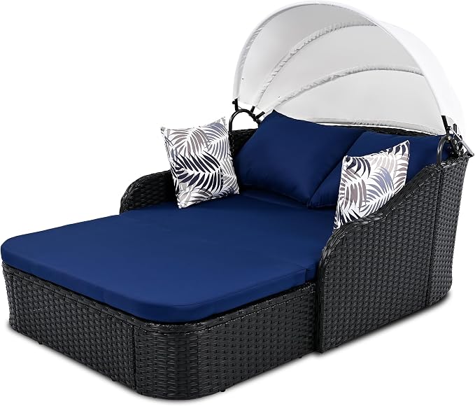 Patio Furniture Daybed with Retractable Canopy, Outdoor Wicker Rattan Sectional - Image 7