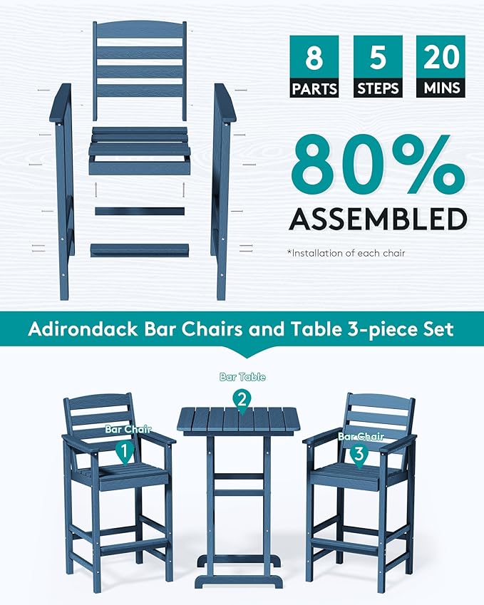 SERWALL Balcony Adirondack Chairs and Table 3 Pieces Set, Adirondack Bar Height - Image 5