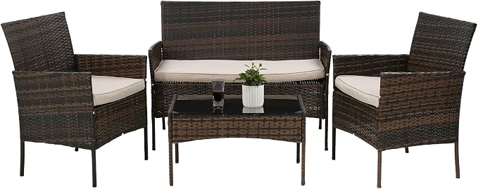 PayLessHere 4 Pieces Patio Furniture Set Rattan Outside Furniture Wicker Sofa by PayLessHere