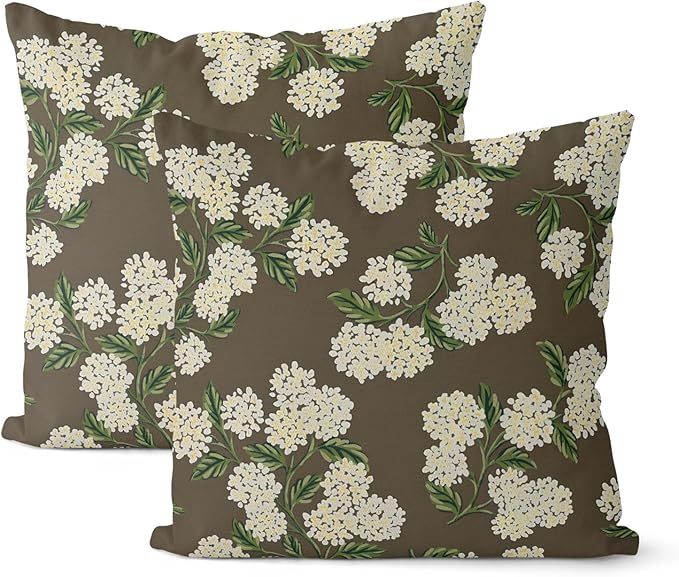 Brown Spring Pillow Covers 18x18 Inch 2 Pcs Green Yellow Hydrangea Flower Decor by DAFENA