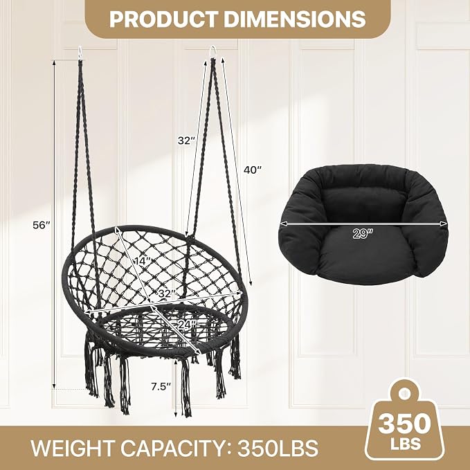 Monibloom Hanging Hammock Chair W/Large Padded Cushion, Macrame Swing Chair - Image 2