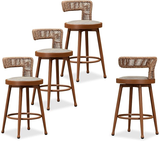 PURPLE LEAF Outdoor Swivel Counter Height Stools Set of 4 Metal Modern Rattan by PURPLELEAF