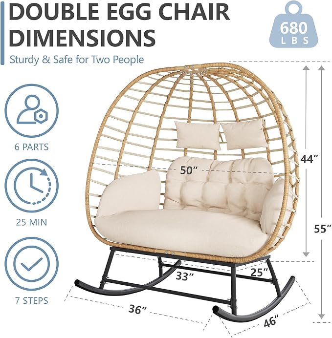 SWITTE Double Wicker Egg Rocking Chair Outdoor, Indoor Egg Swing Loveseat - Image 2