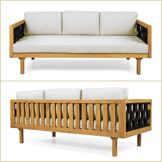 Merax 2 Piece Acacia Wood Outdoor Conversation Set, 3-Seater Outdoor Daybed Sofa - Image 5