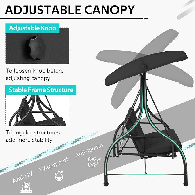 U-MAX Porch Swing Chair with Adjustable Backrest&Canopy, 3 Seat Patio Swing - Image 3