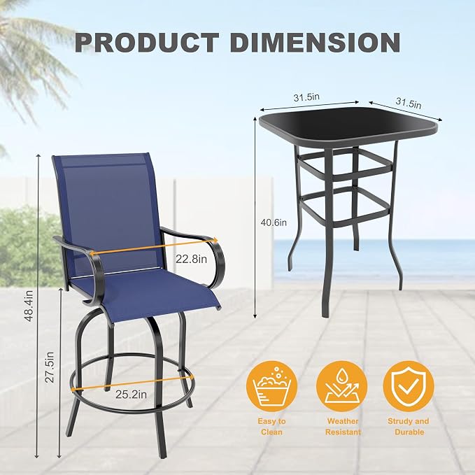 3 PCS Patio Swivel Bar Stools Set, 3 Piece Swivel Outdoor Table and Chairs Bar - Image 2