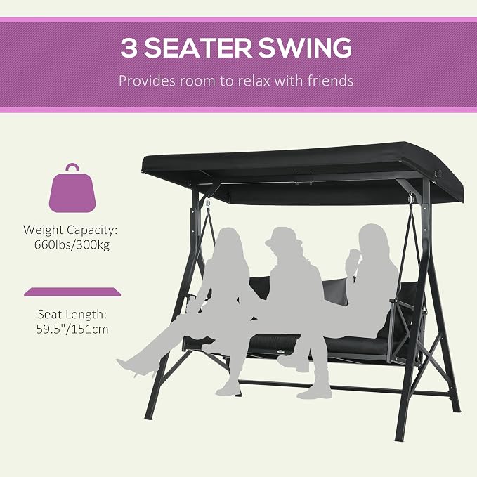 Outsunny 3-Seat Patio Swing Chair, Porch Swing Glider - Image 3