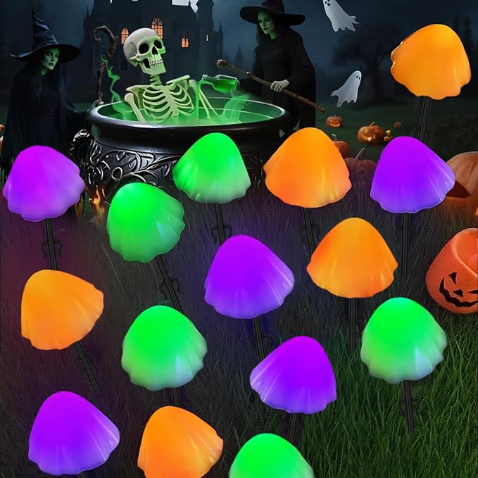 OZS 2PK 55FT 32LED Halloween Orange Purple and Green Solar Mushroom Lights - Image 3