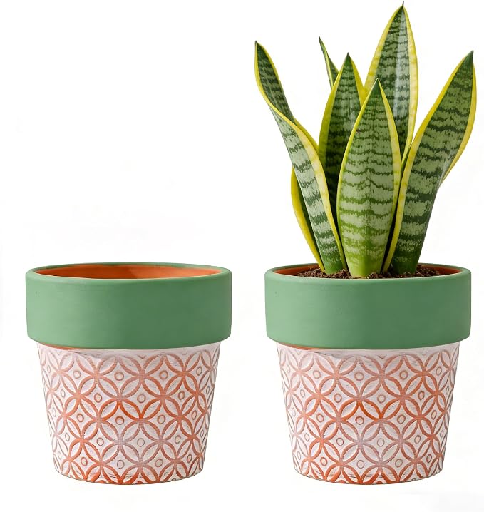Terracotta Plant Pots Set of 2-4.7 Inch Vintage Pattern Clay Flowerpots by Unknown