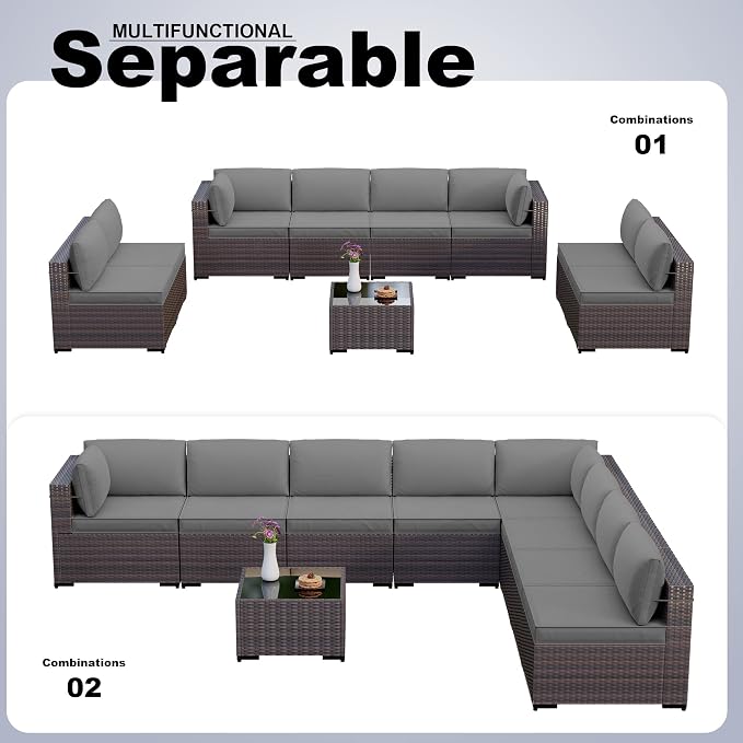 Kullavik 9 Pieces Outdoor Patio Furniture Set PE Wicker Rattan Sectional Sofa - Image 4