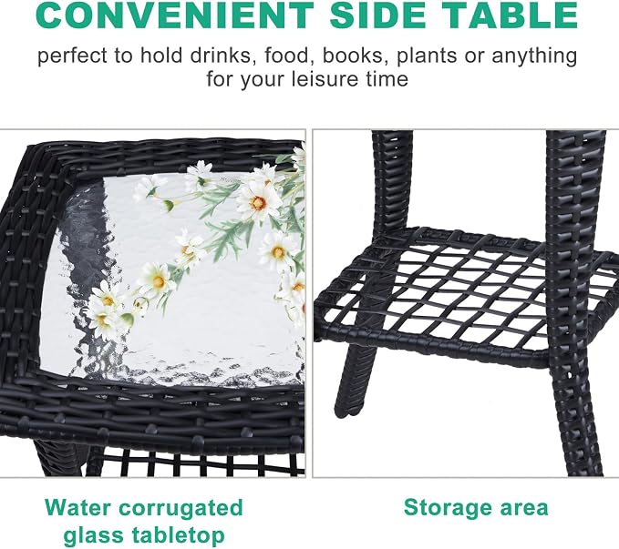 VINGLI Outdoor Side Table with Storage Wicker Patio Side Table, Tempered Glass - Image 5