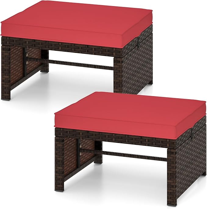 Tangkula 2 Pieces Patio PE Rattan Ottomans, Poolside and Yard by TANGKULA