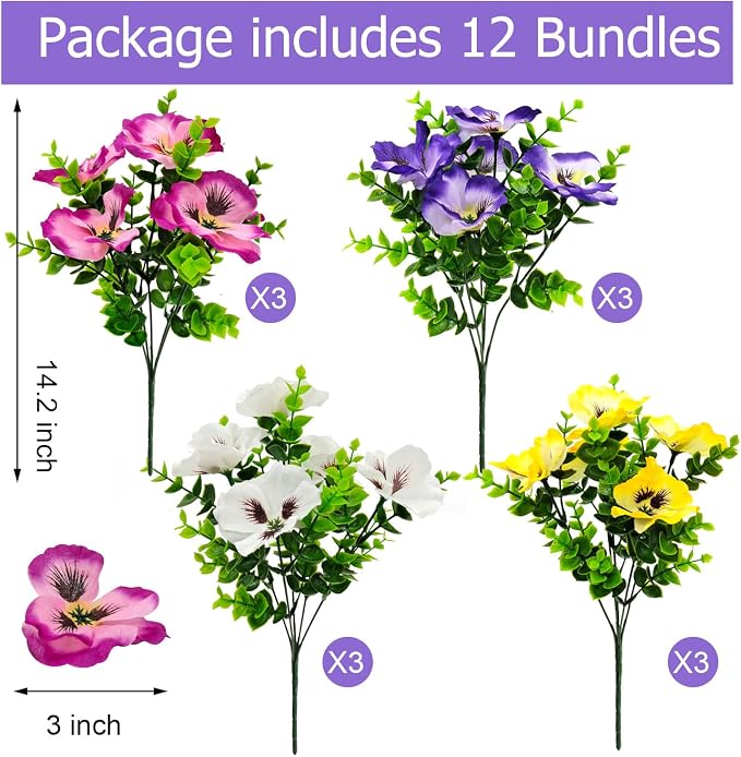 Pansies Artificial Flowers for Outdoors UV Resistant 12 Bundles Silk Pansy - Image 2