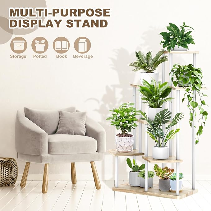 7 Tier Plant Stand Indoor, Thickened Metal Wood Corner Plant Shelf Stands - Image 4