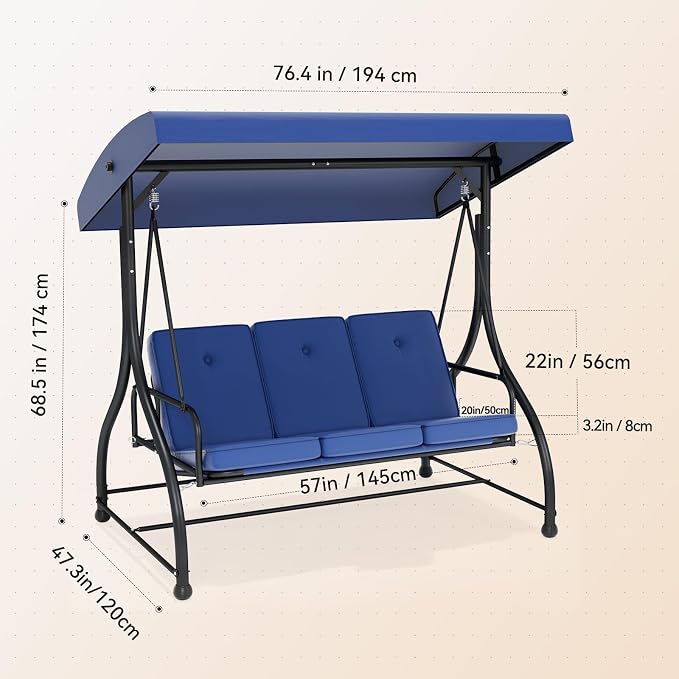 3-Seat Patio Swing Chair Outdoor Heavy Duty Steel Frame - Image 7