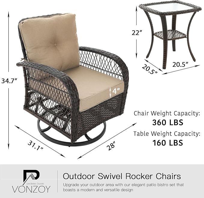 3 Pieces Patio Furniture Set, Outdoor Swivel Glider Rocker, Wicker Patio Bistro - Image 7