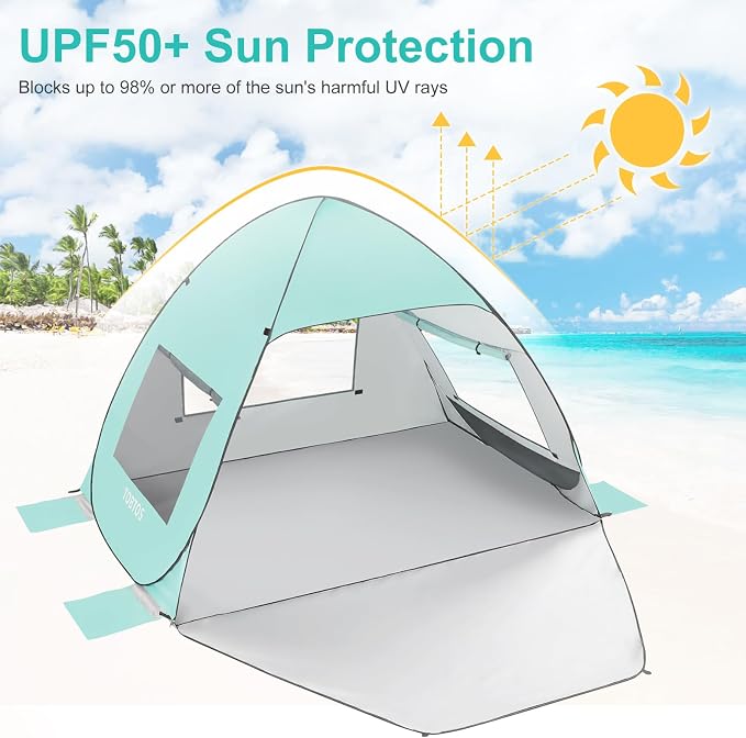 TOBTOS UPF 50+ Pop Up Beach Tent, Easy Set Up Beach Umbrella, Sun Shelter - Image 3