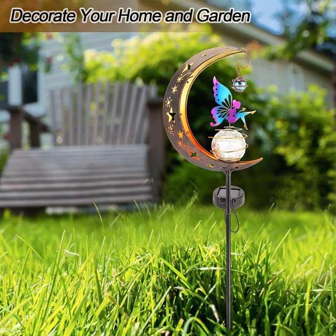 Solar Fairy Garden Light Decor, Moon Fairy Stake Lights, Crackle Glass Globe - Image 5
