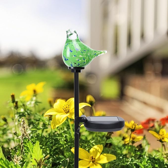 Bshine Solar Garden Decoration Outdoor Green Bird Lights, 2 Pack Hand Blown - Image 4