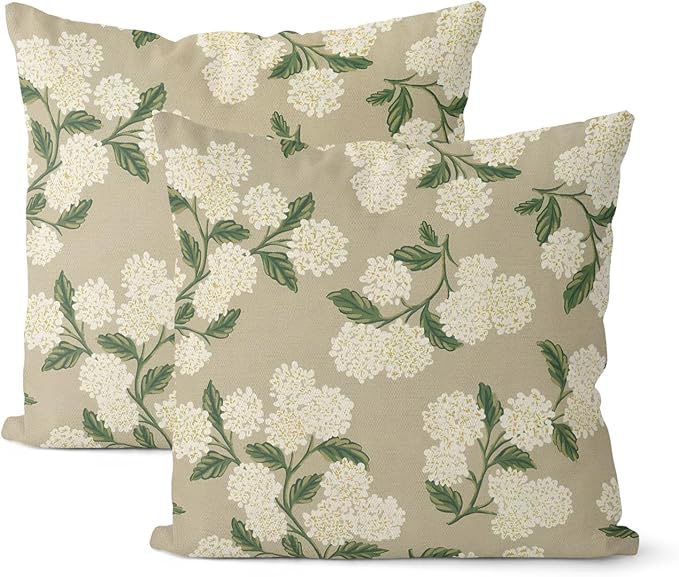 Beige Spring Pillow Covers 18x18 Inch 2 Pcs Khaki Green Hydrangea Flower Decor by DAFENA