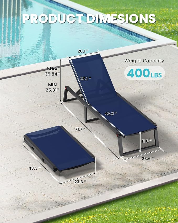 Aluminum Chaise Lounge Outdoor Set of 2, Foldable & Assembly Free Patio Pool - Image 2