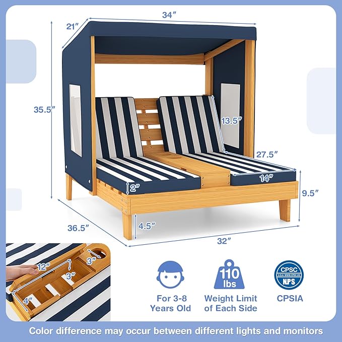 Costzon Kids Lounge Chair Outdoor, Wood Double Seat Chaise Lounge - Image 6