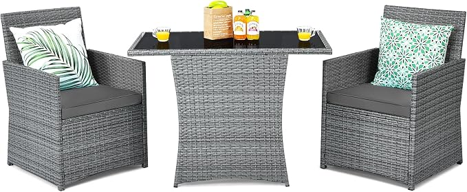 Tangkula 3 Pieces Patio Dining Set, Patiojoy Space-saving PE Rattan Bistro Set by TANGKULA