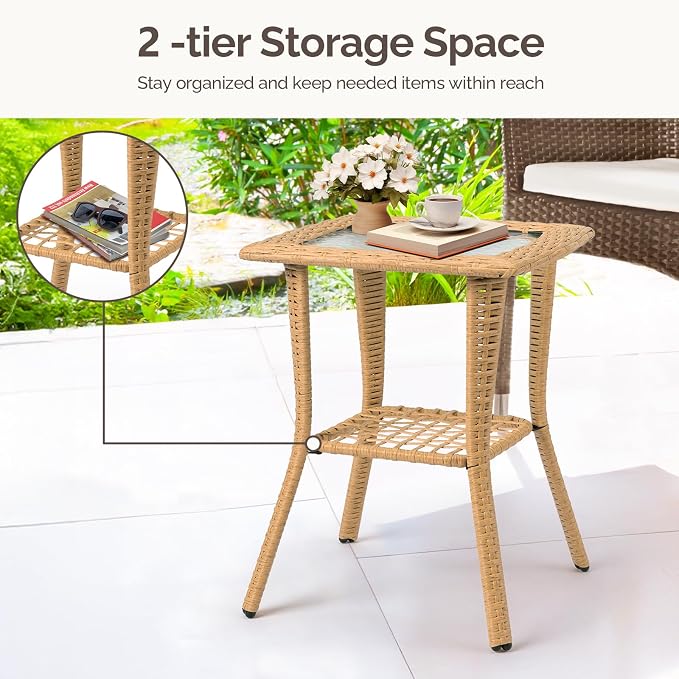 Outdoor Side Table with Storage Wicker Patio Side Table, Tempered Glass Top End - Image 6