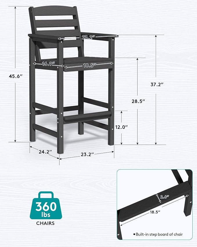 SERWALL Tall Adirondack Chairs Set of 2, Weather Resistance Outdoor Bar Stools - Image 3