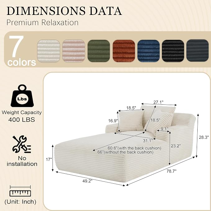 80 Inch Chaise Lounge Chair Indoor, Oversized Corduroy Upholstered Boneless - Image 2