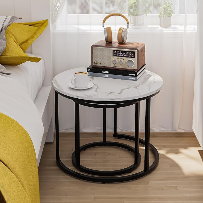 Smuxee White Nesting Coffee Table Set of 2, 23.6" Round Coffee Table Wood Grain - Image 7