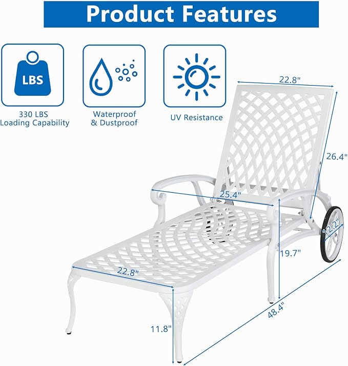 VINGLI Cast Aluminum Outdoor Chaise Lounge Chair - Image 3