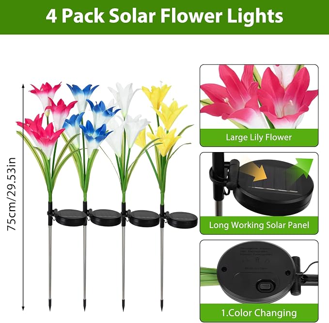 echosari 4 Pack Color Changing Solar Lights Outdoor Waterproof, Solar Lily - Image 6