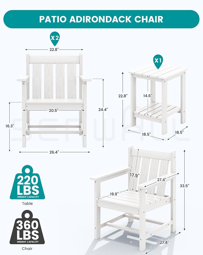 SEWRWALL 3 Pieces Patio Bistro Set, All Weather Adirondack Chair Set - Image 2