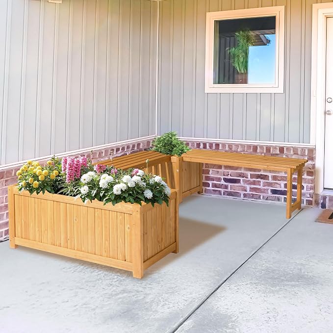 VINGLI Outdoor Wood Bench with Planter Boxes, 2-in-1 All-Weather Porch Bench - Image 2