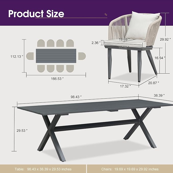 PURPLE LEAF 11 Pieces Patio Dining Set Wicker Outdoor Furniture Rectangular - Image 9