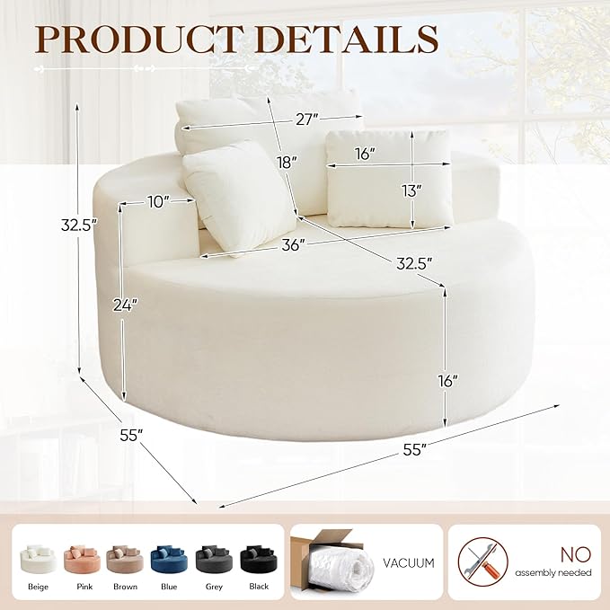 Antetek Oversized Round Chaise Longue Chair Indoor, Modern 55-inch Upholstered - Image 2
