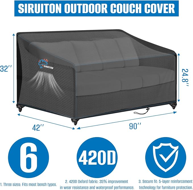 SIRUITON 3-Seat 90" W x 42" D x 32" H Garden Patio Sofa/Loveseat/Bench Cover - Image 2